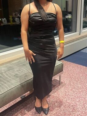 Elegant Black Satin Midi Dress with Spaghetti Straps